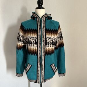 Inca's Inc Hooded Cardigan Teal & Brown Zipper Front Alpaca Sweater Peru Sz M